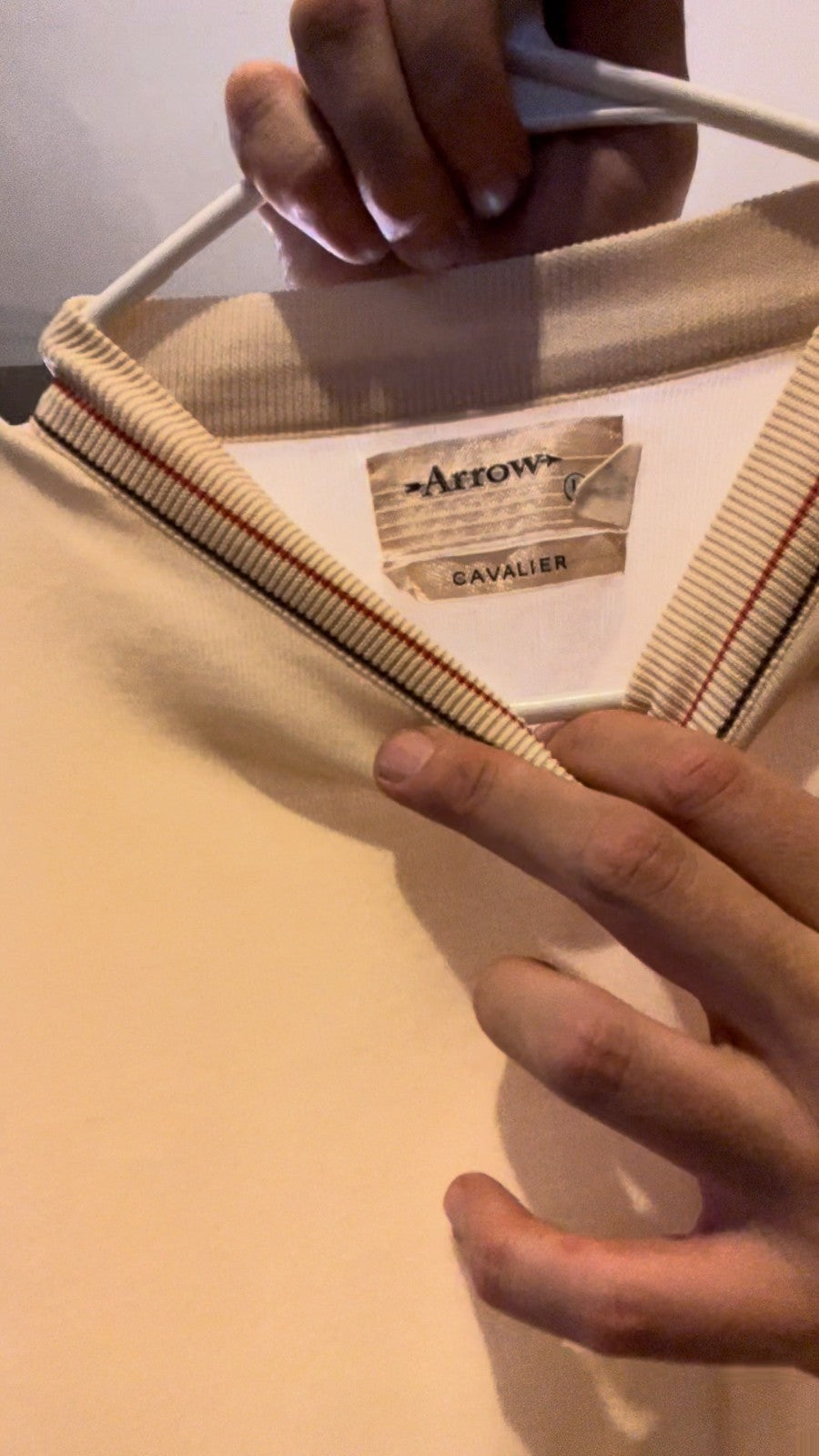 Vintage Arrow Cavalier Knit Polo Shirt L Cream Brown Trim 70s 80s USA
