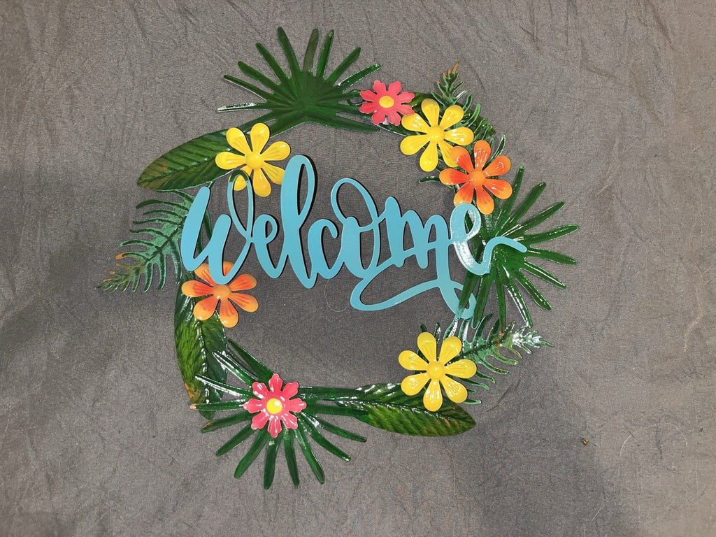 13” Tropical Flower Welcome Sign Decor Metal Wreath For Door Or Wall