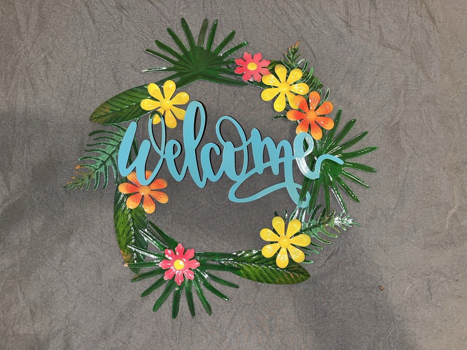 13” Tropical Flower Welcome Sign Decor Metal Wreath For Door Or Wall