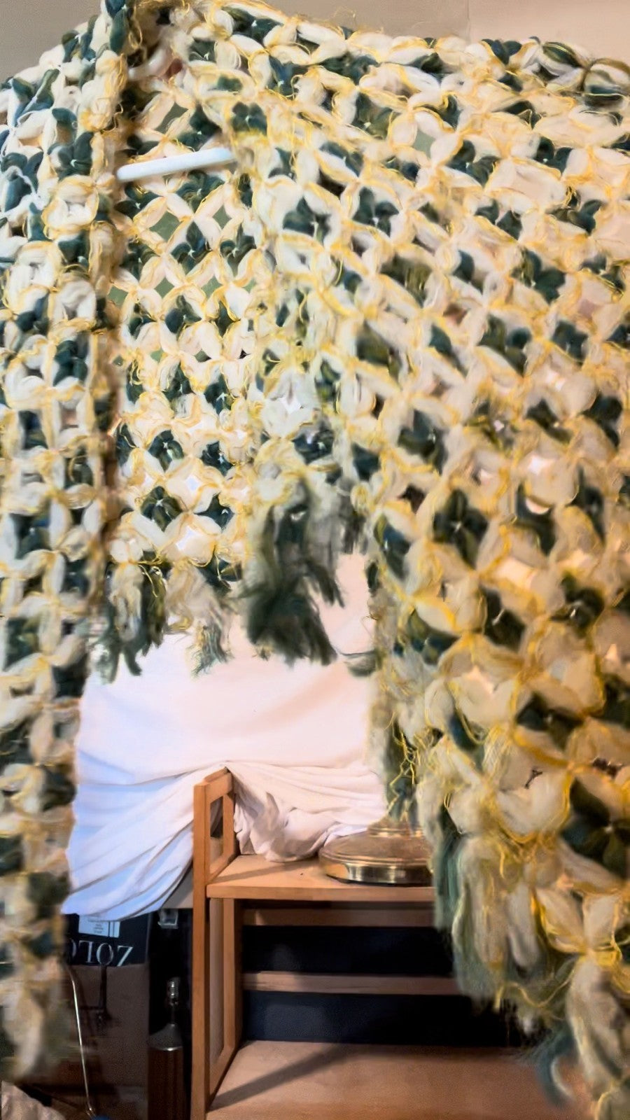 Vintage 70s Handmade Crochet Poncho Sweater Sleeved Boho Green Yellow One Size