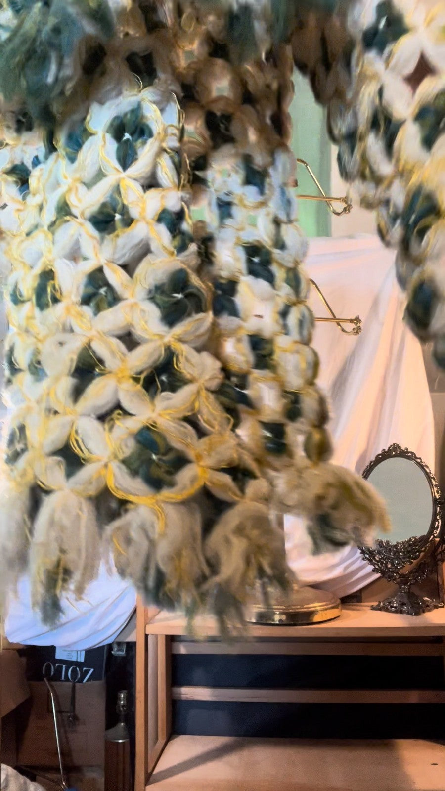 Vintage 70s Handmade Crochet Poncho Sweater Sleeved Boho Green Yellow One Size