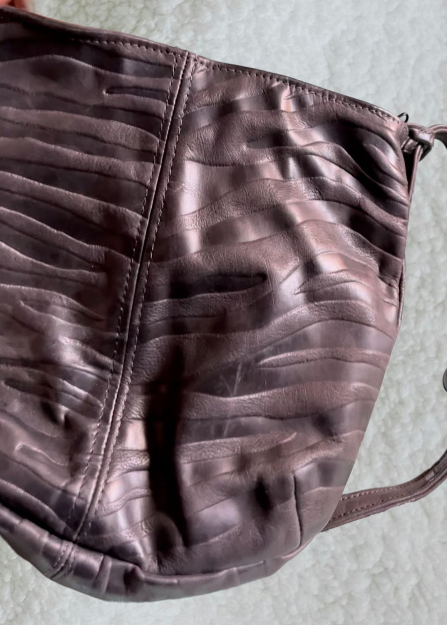 Vintage 1980s Embossed Leather Shoulder Bag – Zebra Texture, Minimalist Crescent