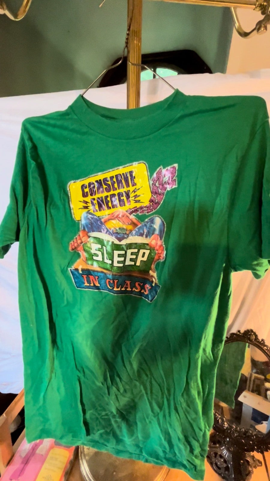 Vintage 80s Conserve Energy Sleep In Class Tee Ched Tag Green Humor Graphic L