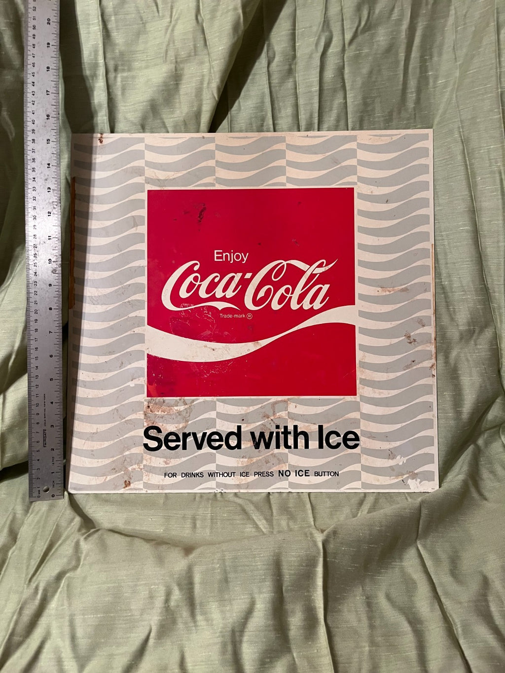 Vintage 1970's Coca Cola "Served with Ice" Soda Fountain Machine Sign 16 Inches