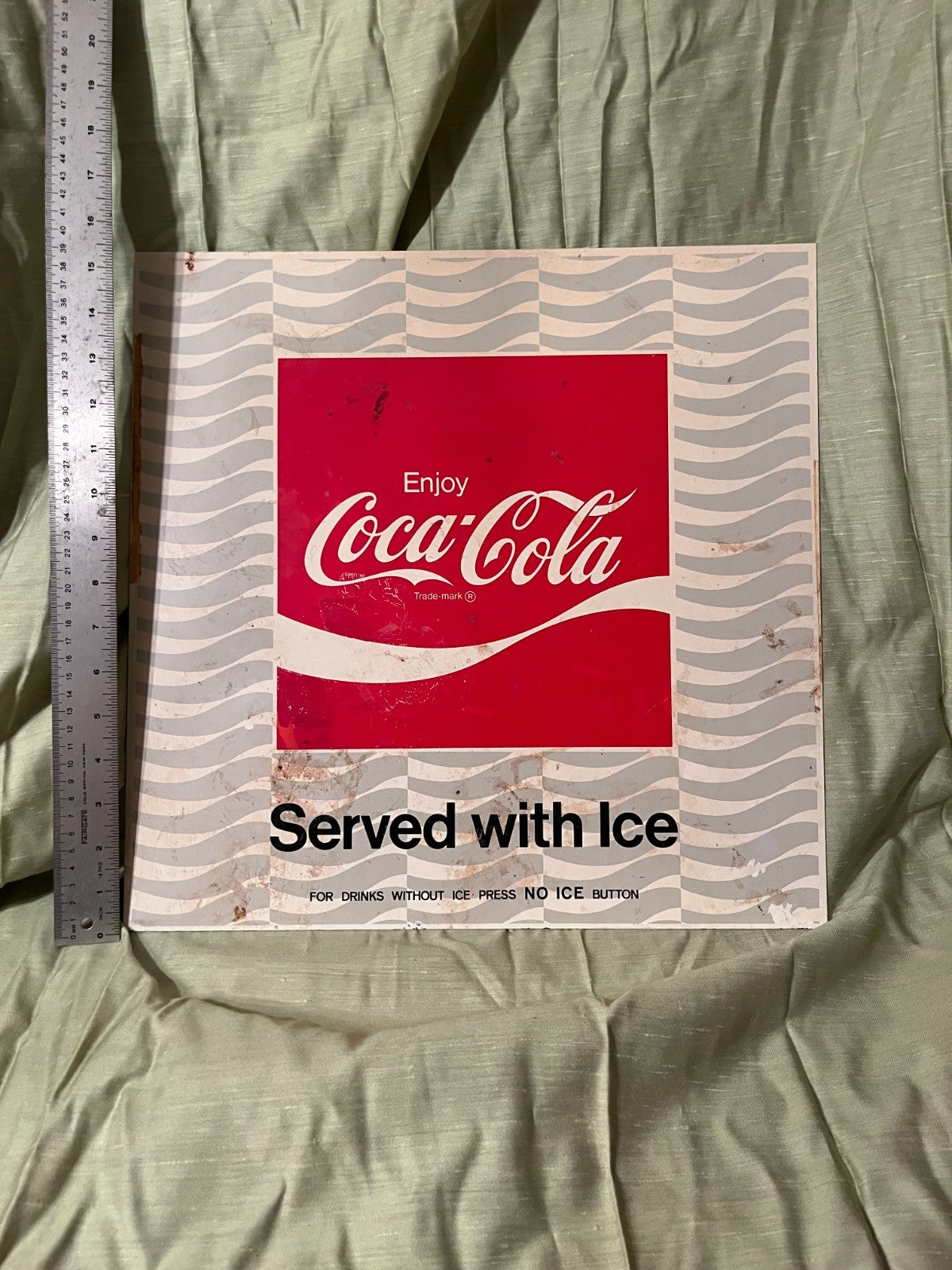 Vintage 1970's Coca Cola "Served with Ice" Soda Fountain Machine Sign 16 Inches