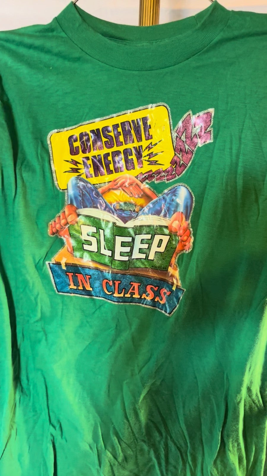Vintage 80s Conserve Energy Sleep In Class Tee Ched Tag Green Humor Graphic L
