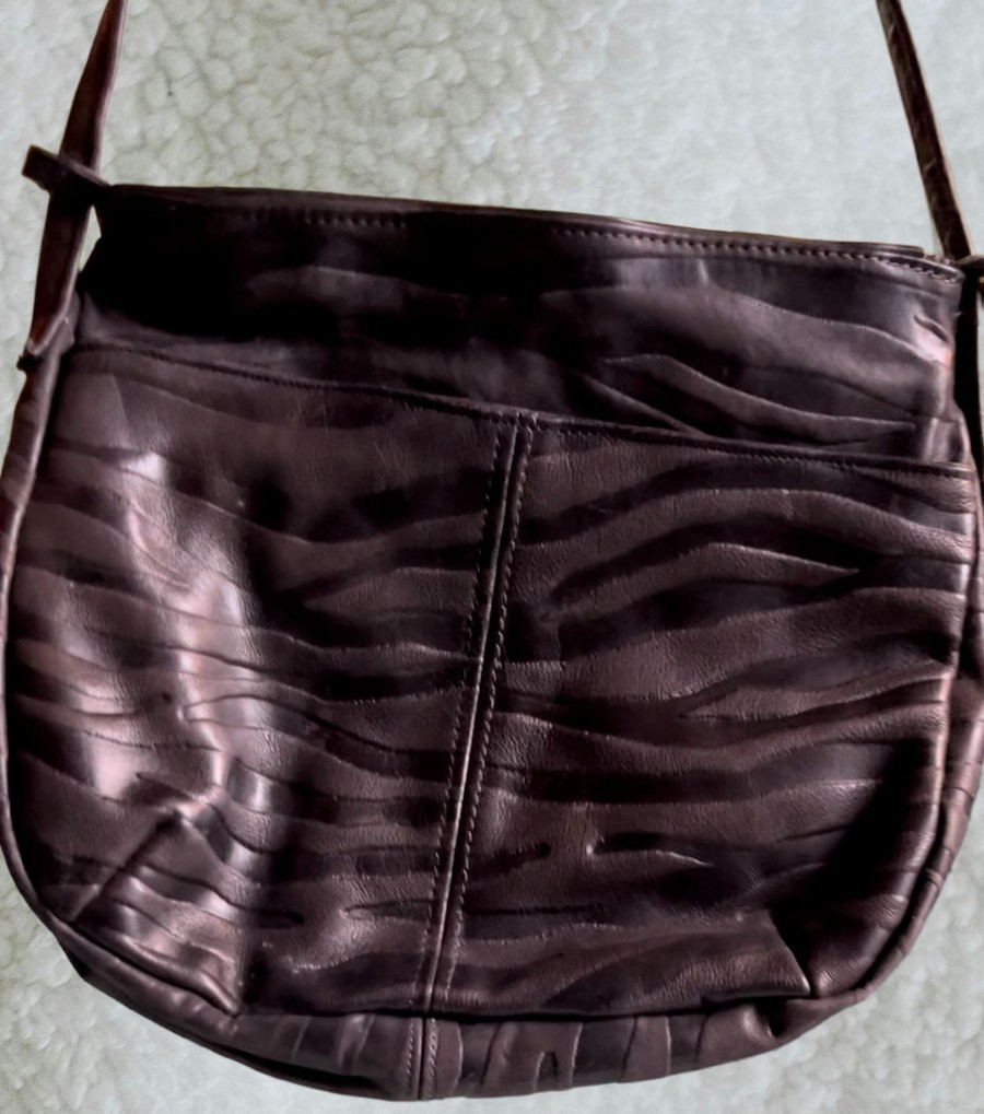 Vintage 1980s Embossed Leather Shoulder Bag – Zebra Texture, Minimalist Crescent