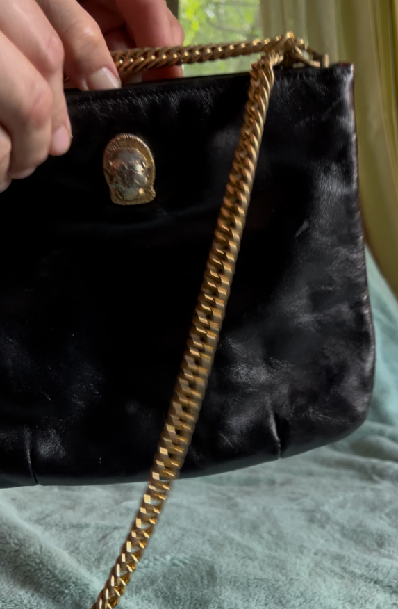 Vtg Ruth Saltz Cat Cougar Lion Head Black Leather Gold Chain Strap Purse Handbag