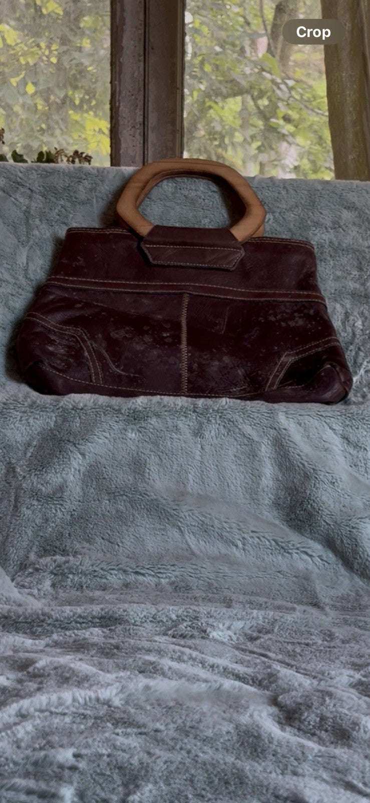 Vintage 70s Brown Leather Handbag with Wooden Handles Hong Kong 1970s Boho Chic