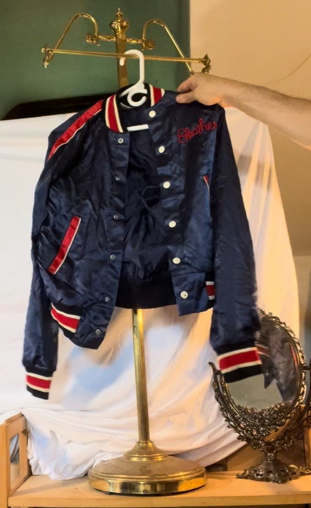 Vintage 1970s Sears Put On Shop Satin Jacket Navy Red Chain Stitch Heather
