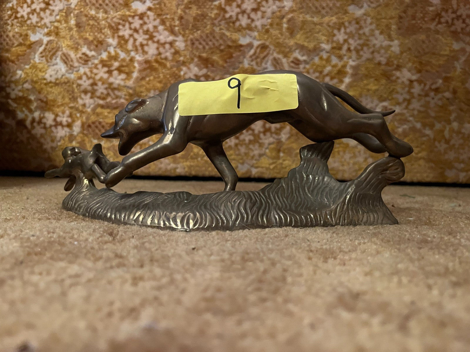 Vintage Bronze Dog Chasing Rabbit Sculpture on