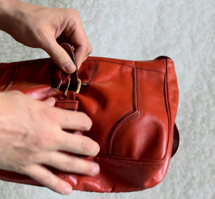 Vintage Red Genuine Leather Structured Shoulder Bag w Buckle Detail