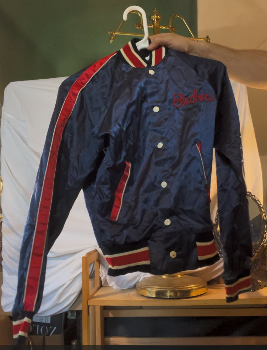 Vintage 1970s Sears Put On Shop Satin Jacket Navy Red Chain Stitch Heather