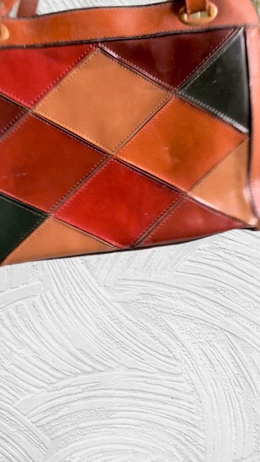 Burlington Patchwork Leather Satchel Red Brown Green Tan Vintage Style Kiss Lock
