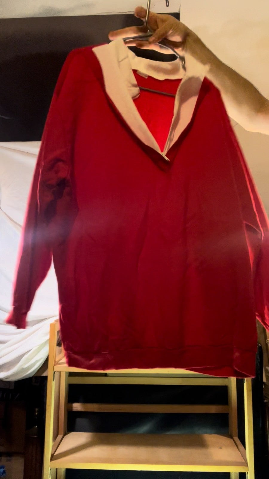 Vintage Red Velour Colorblock Sweatshirt Pullover White Neck Zip 80s