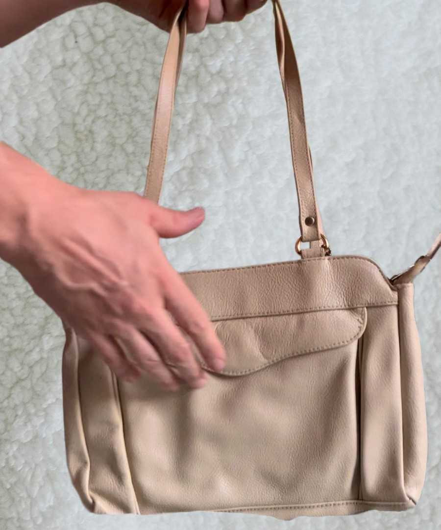 Vintage 90s Beige Leather Top‑Handle Handbag – Structured Front Pocket