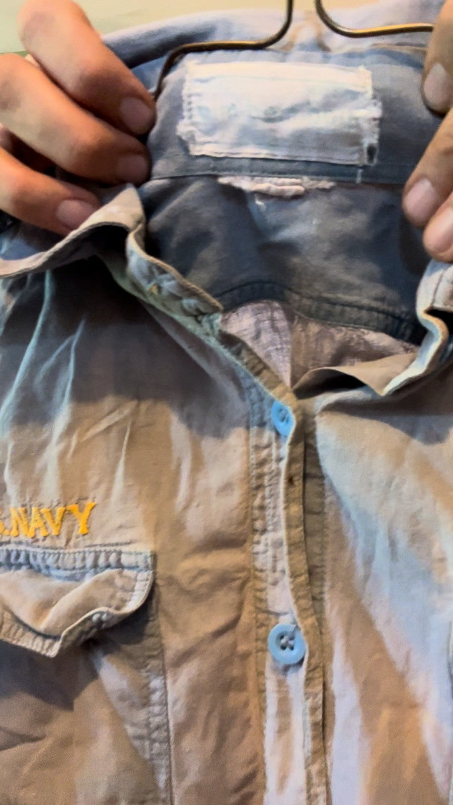 rare custom US Navy Chambray Shirt Vietnam Era w/ Embroidery & Service Stripes