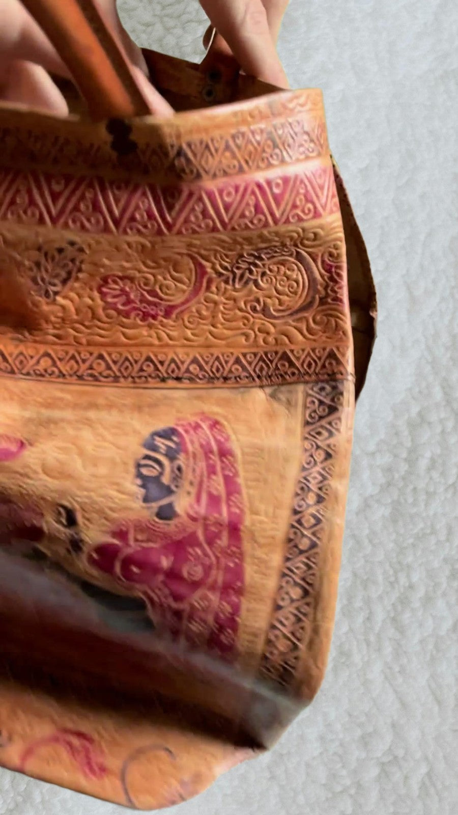 Punita Indian Tooled Leather Tote Bag Embossed On Sides, please watch video