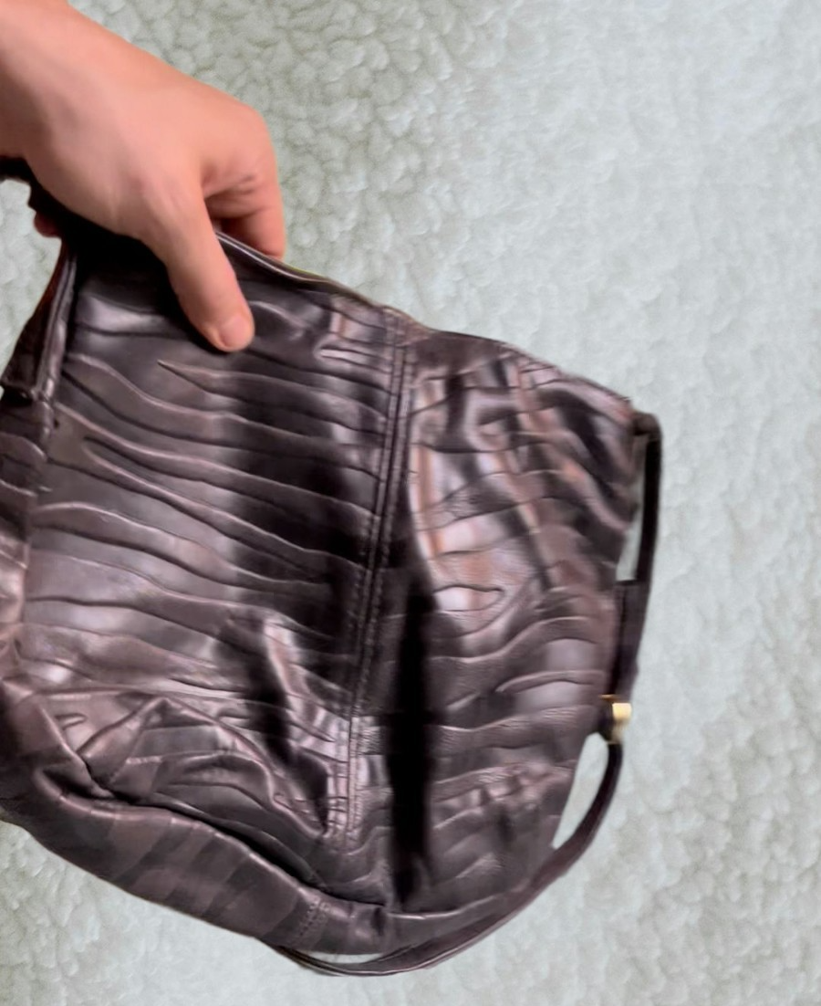 Vintage 1980s Embossed Leather Shoulder Bag – Zebra Texture, Minimalist Crescent