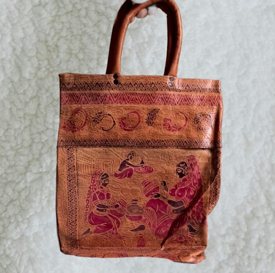 Punita Indian Tooled Leather Tote Bag Embossed On Sides, please watch video