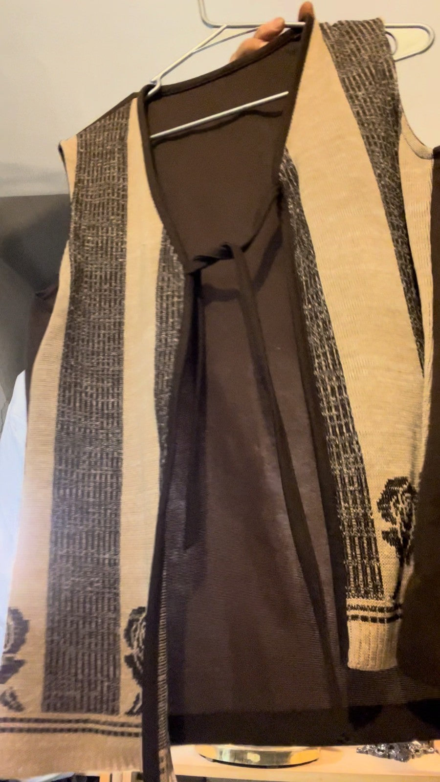 Vintage 90s Woven Folk Vest Brown Beige Rose Pattern Tie Front Boho Festival