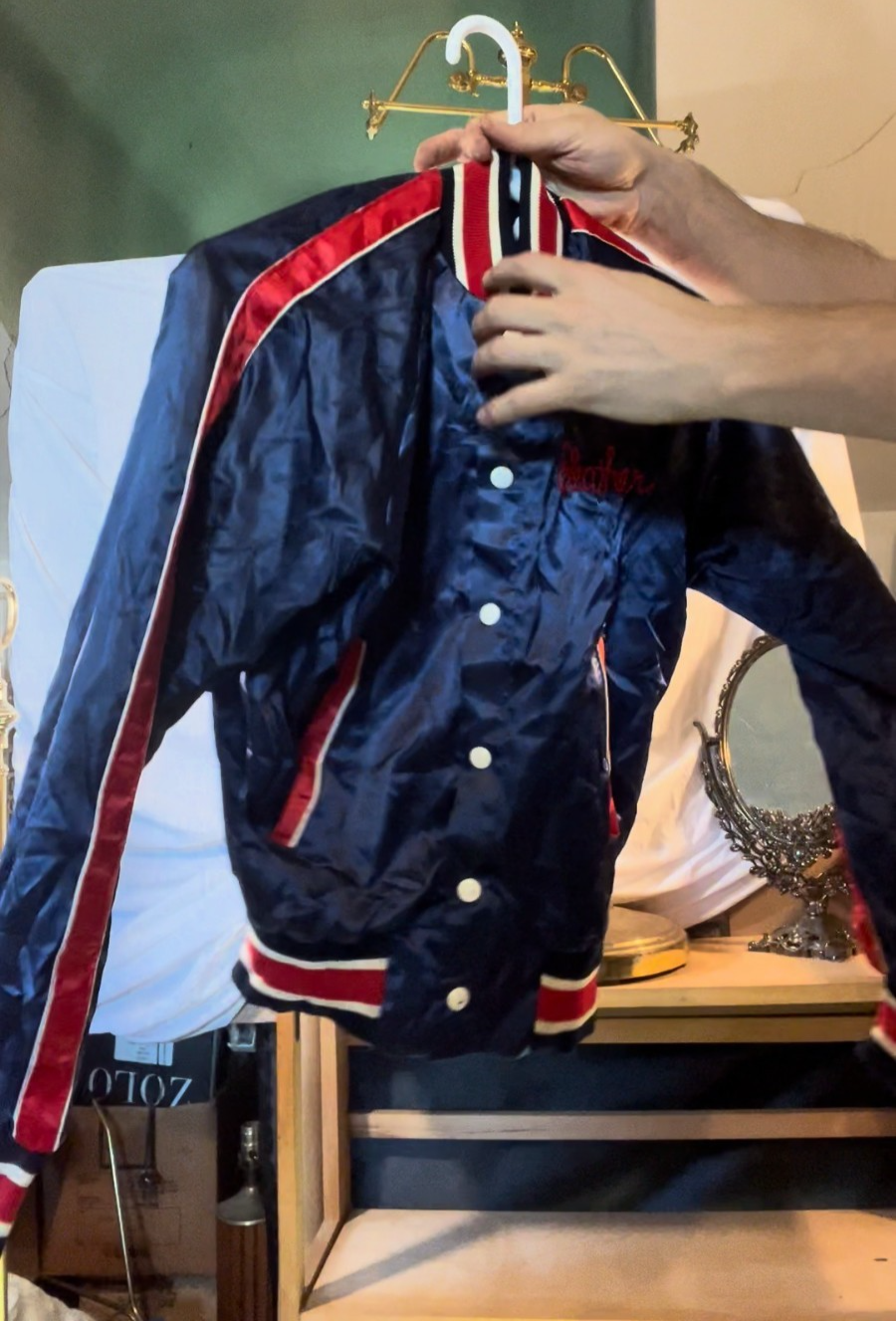 Vintage 1970s Sears Put On Shop Satin Jacket Navy Red Chain Stitch Heather
