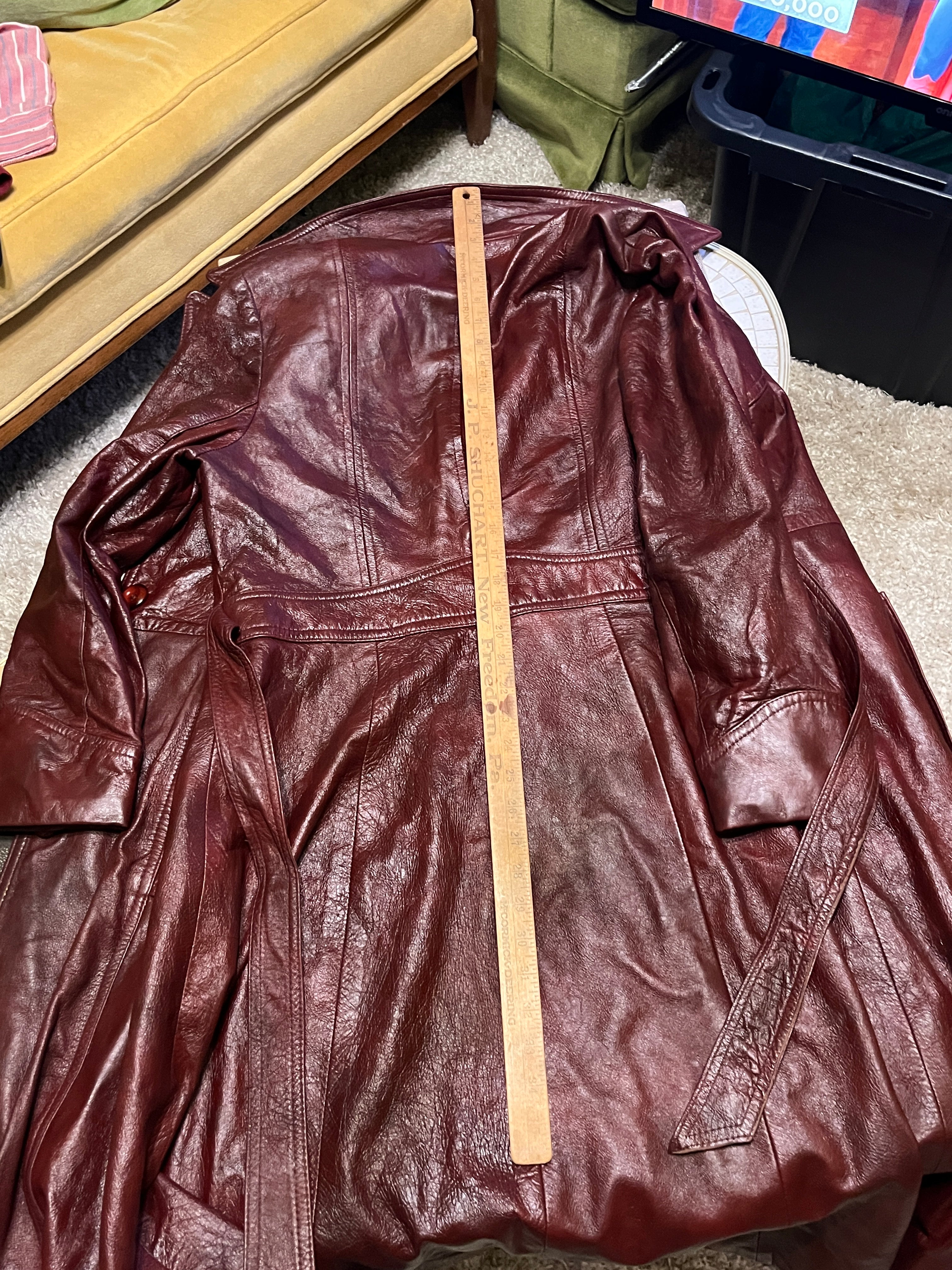 Late 70s/Early 80s Red Leather Trench Coat – Full Length, Belted, USA-Made 48 inches long zz