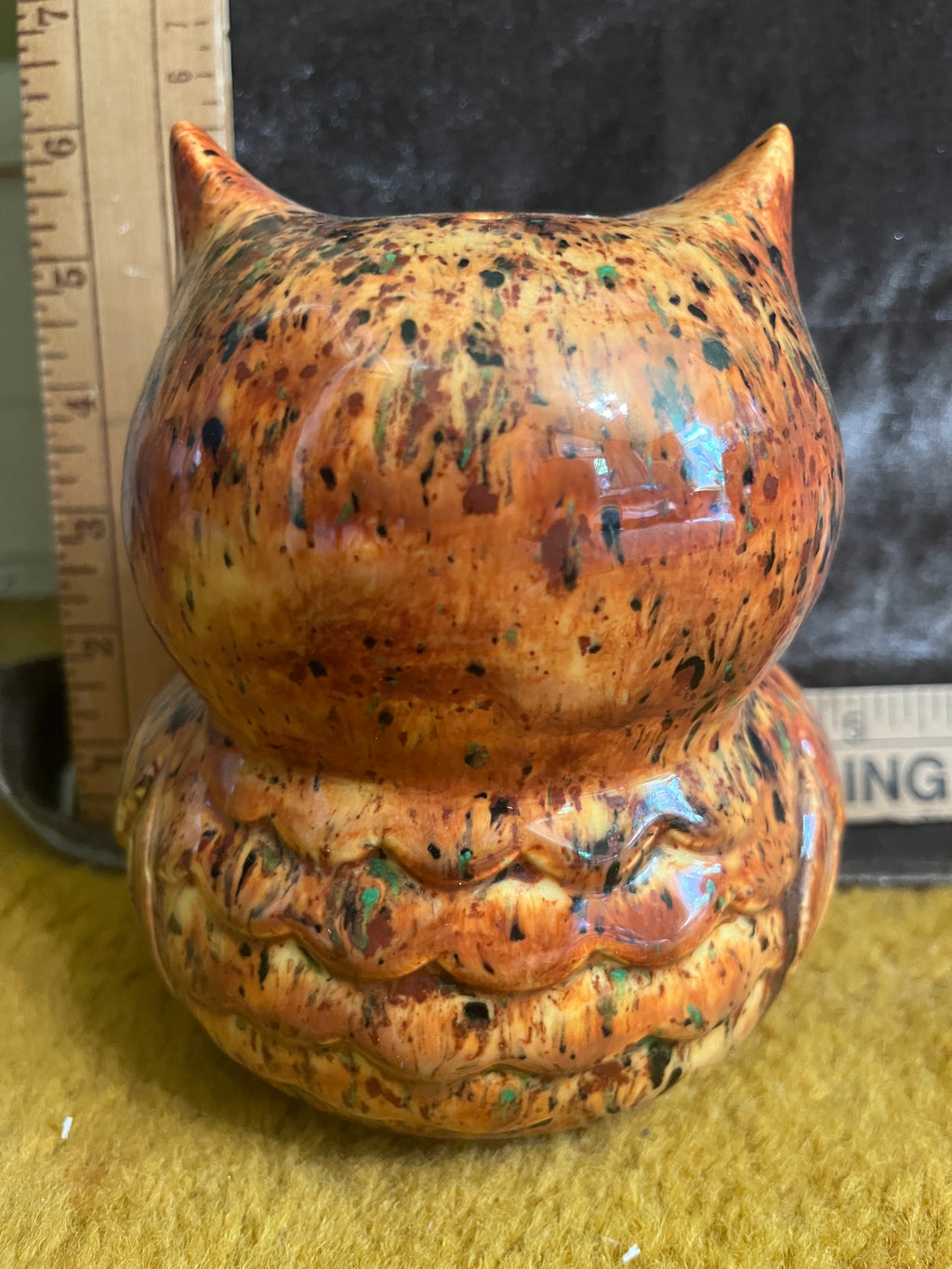 Vintage 1970s Ceramic Owl Incense Burner - Retro Drip Glaze & Crushed Glass Eyes (5"x4") pf