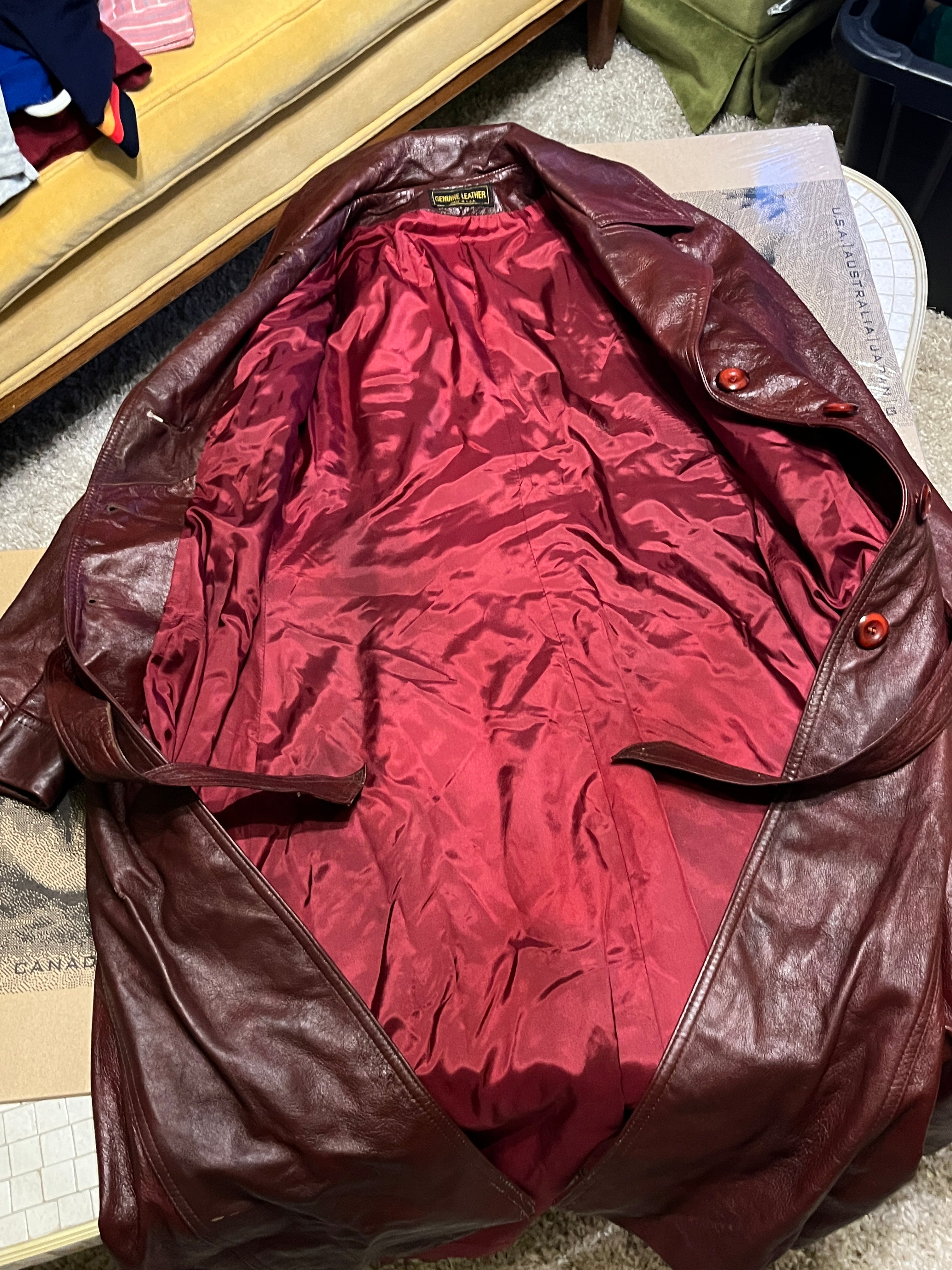 Late 70s/Early 80s Red Leather Trench Coat – Full Length, Belted, USA-Made 48 inches long zz