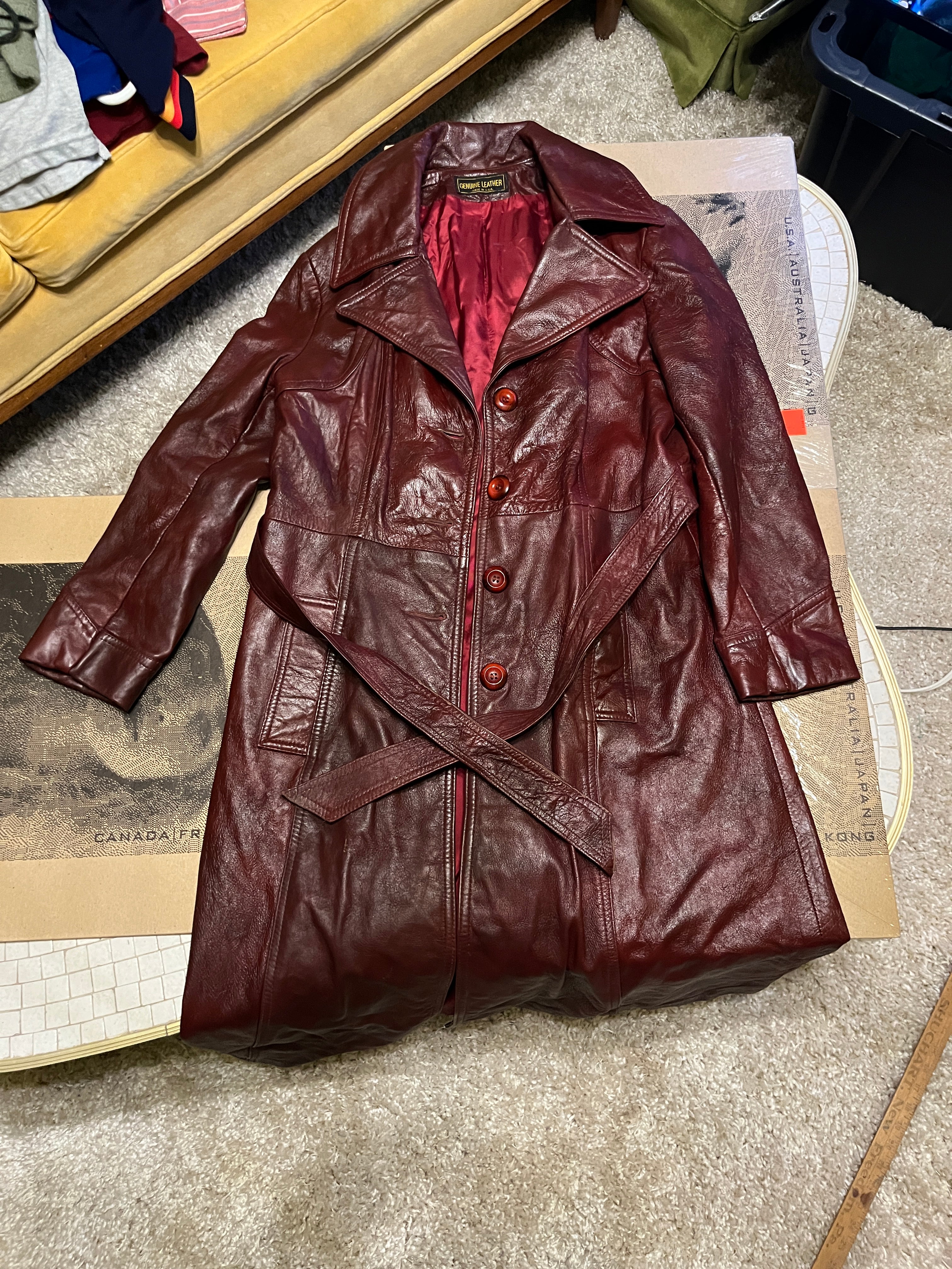 Late 70s/Early 80s Red Leather Trench Coat – Full Length, Belted, USA-Made 48 inches long zz