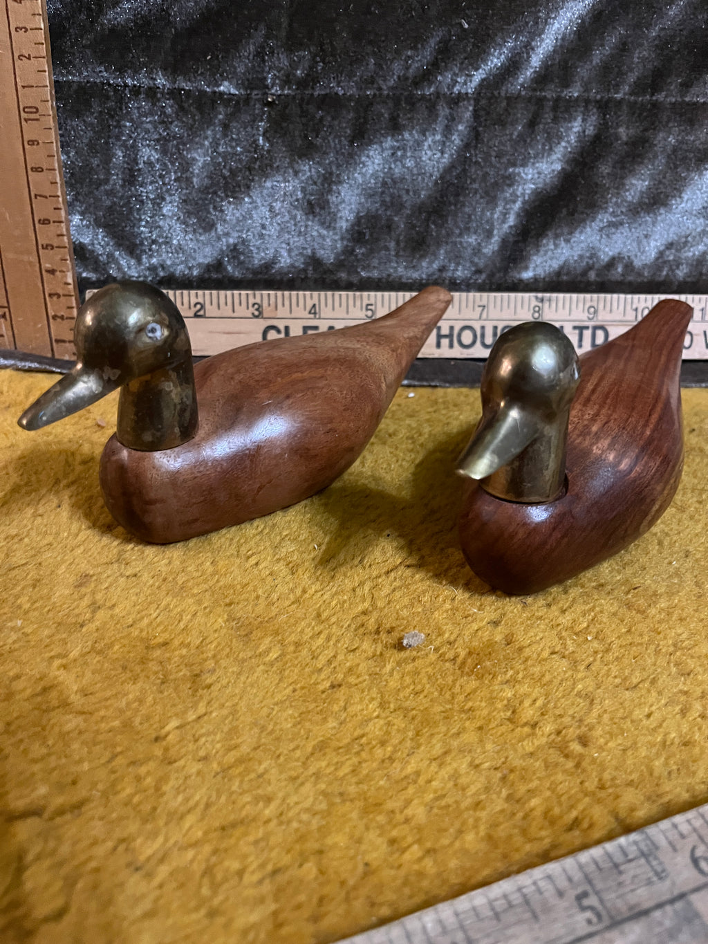 Vintage Mid-Century Style Wood & Solid Brass Duck Figurines - Pair, Made in India BR-15601. pf