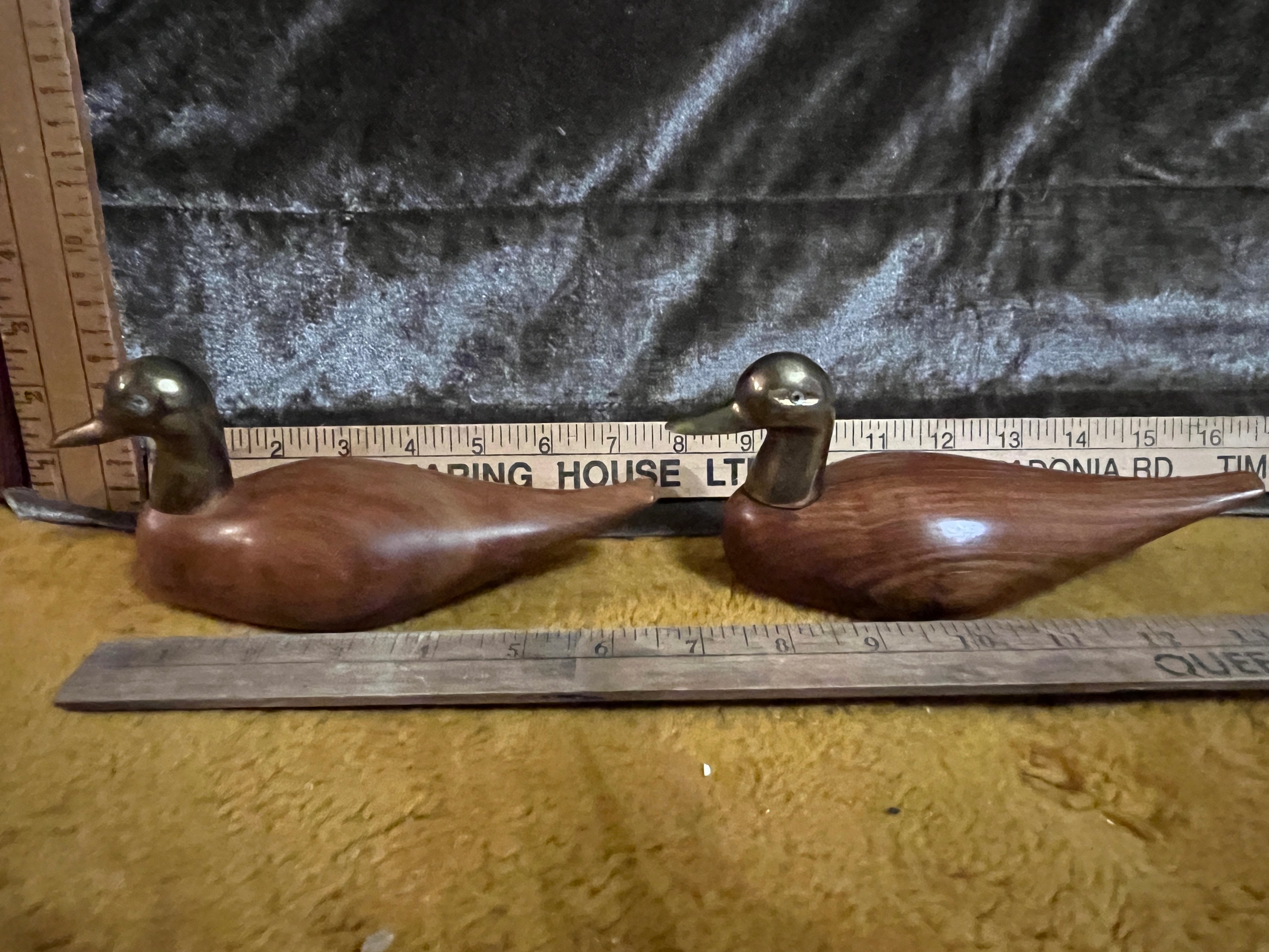 Vintage Mid-Century Style Wood & Solid Brass Duck Figurines - Pair, Made in India BR-15601. pf