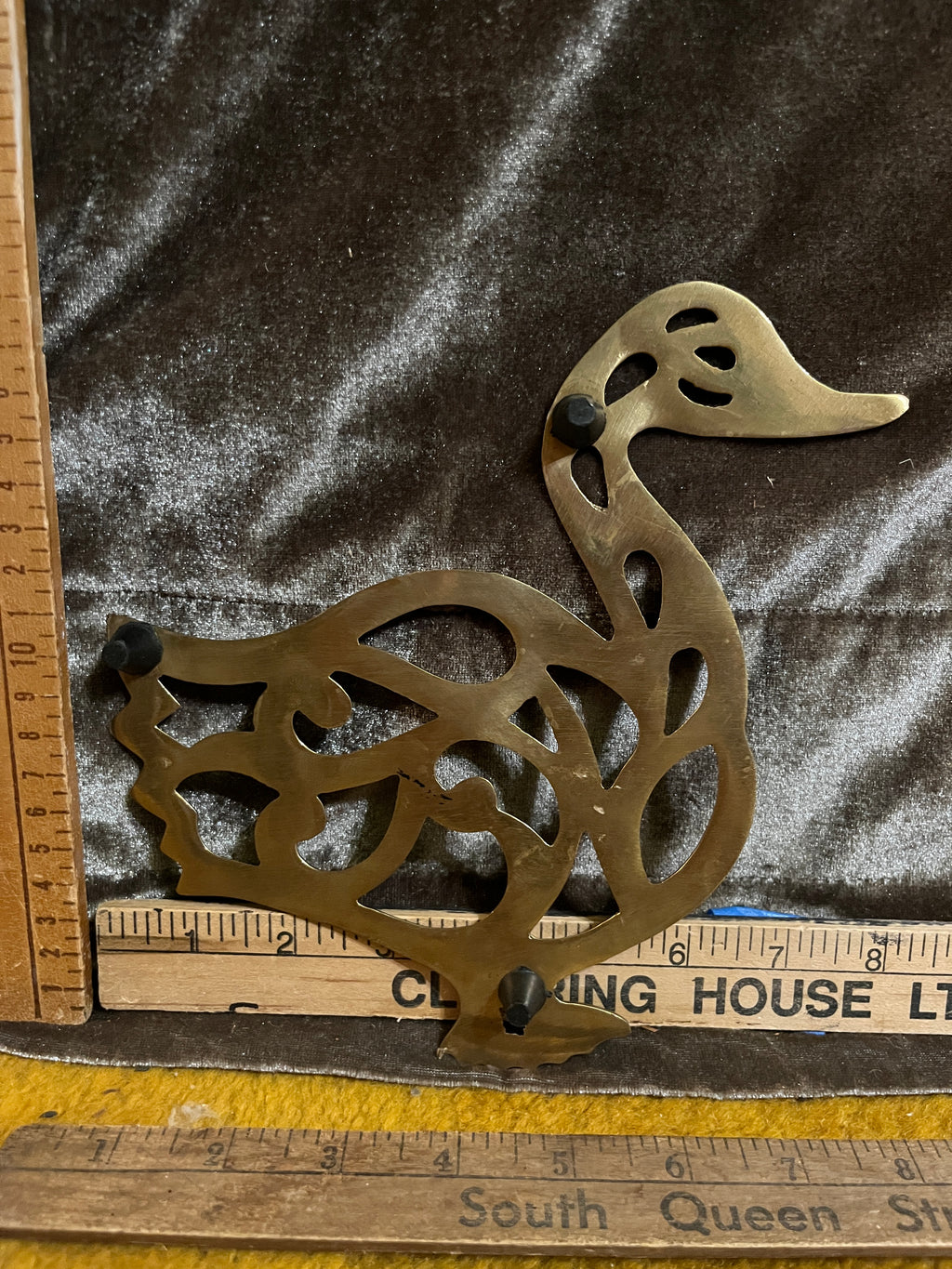 Vintage Solid Brass Duck Trivet - 7" x 8" Intricate Openwork Scroll Cutout Design pf
