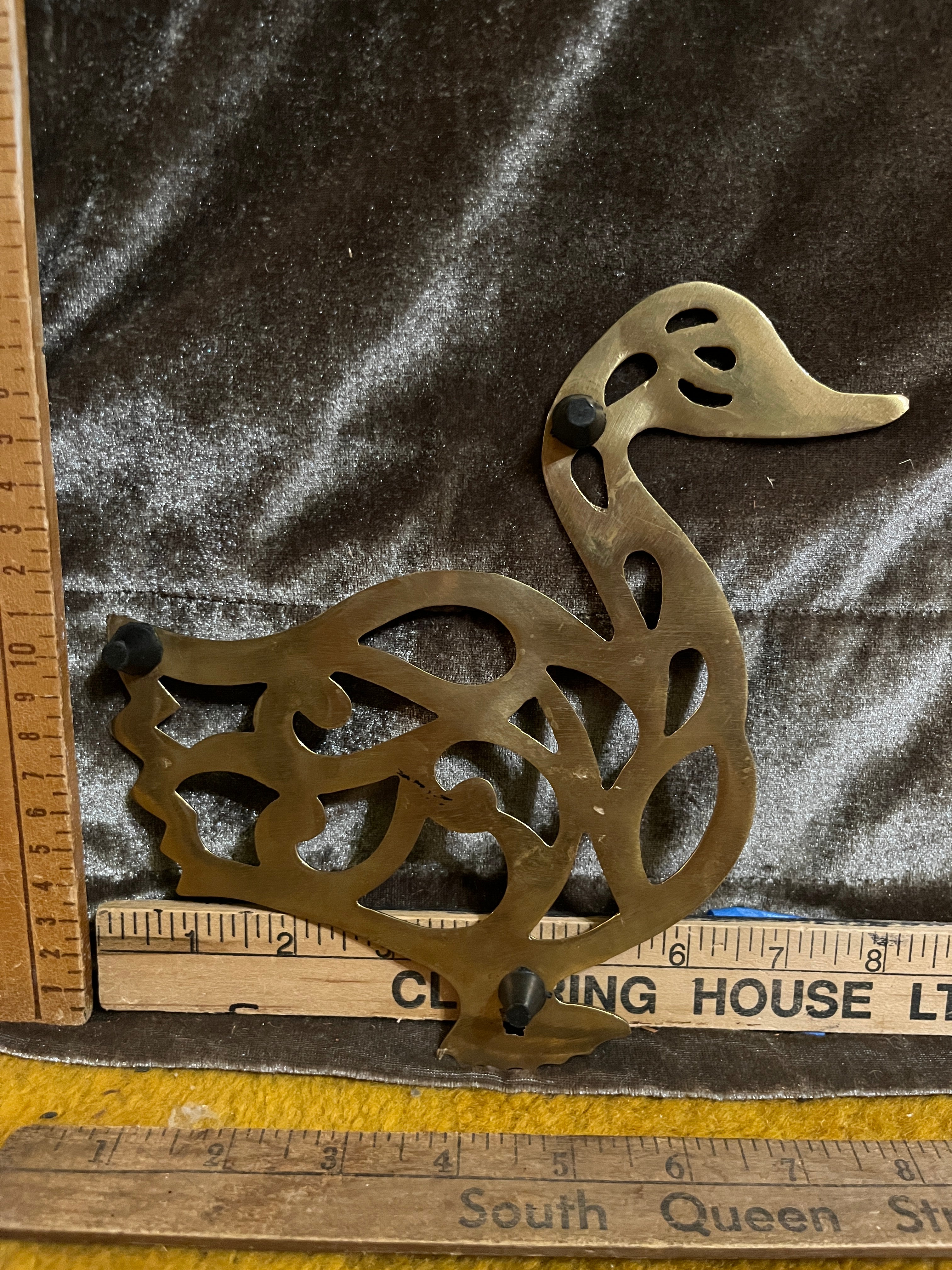 Vintage Solid Brass Duck Trivet - 7" x 8" Intricate Openwork Scroll Cutout Design pf