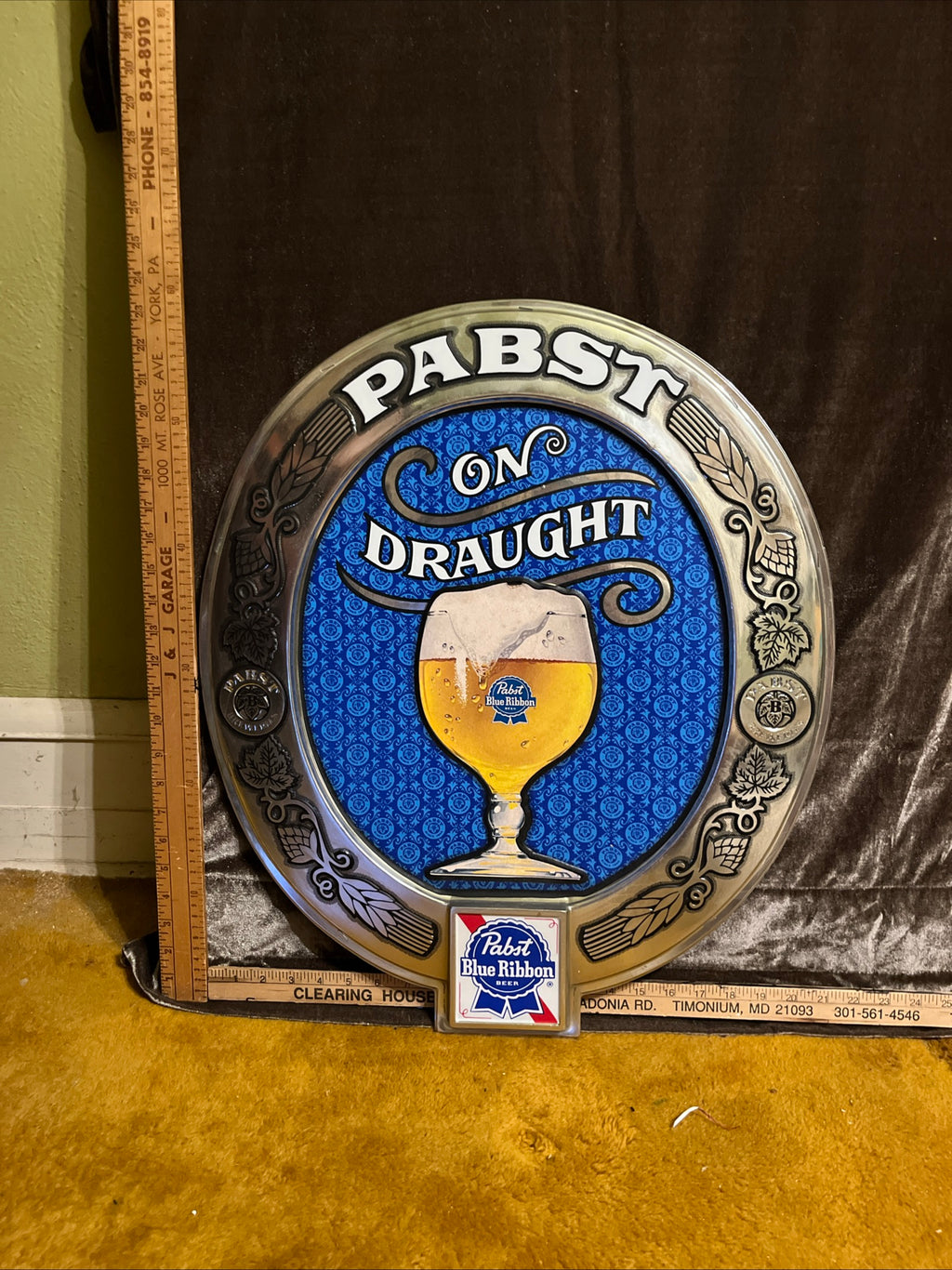 Vintage 1970s Pabst Blue Ribbon “On Draught” Wall Sign pf