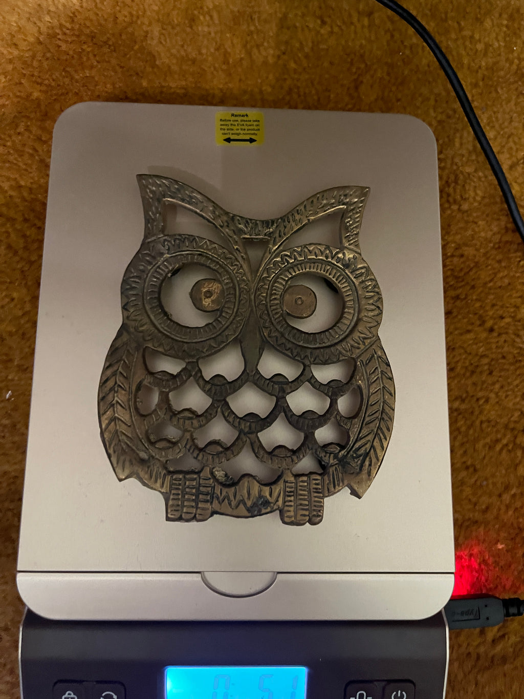 Vintage Solid Brass Owl Trivet – 5" x 4" Mid-Century Boho Kitchen Hot Plate pf