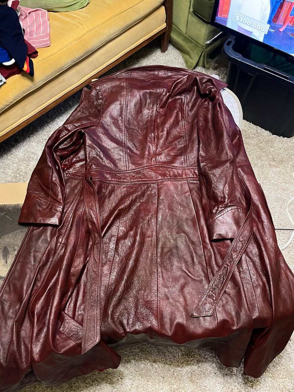 Late 70s/Early 80s Red Leather Trench Coat – Full Length, Belted, USA-Made 48 inches long zz