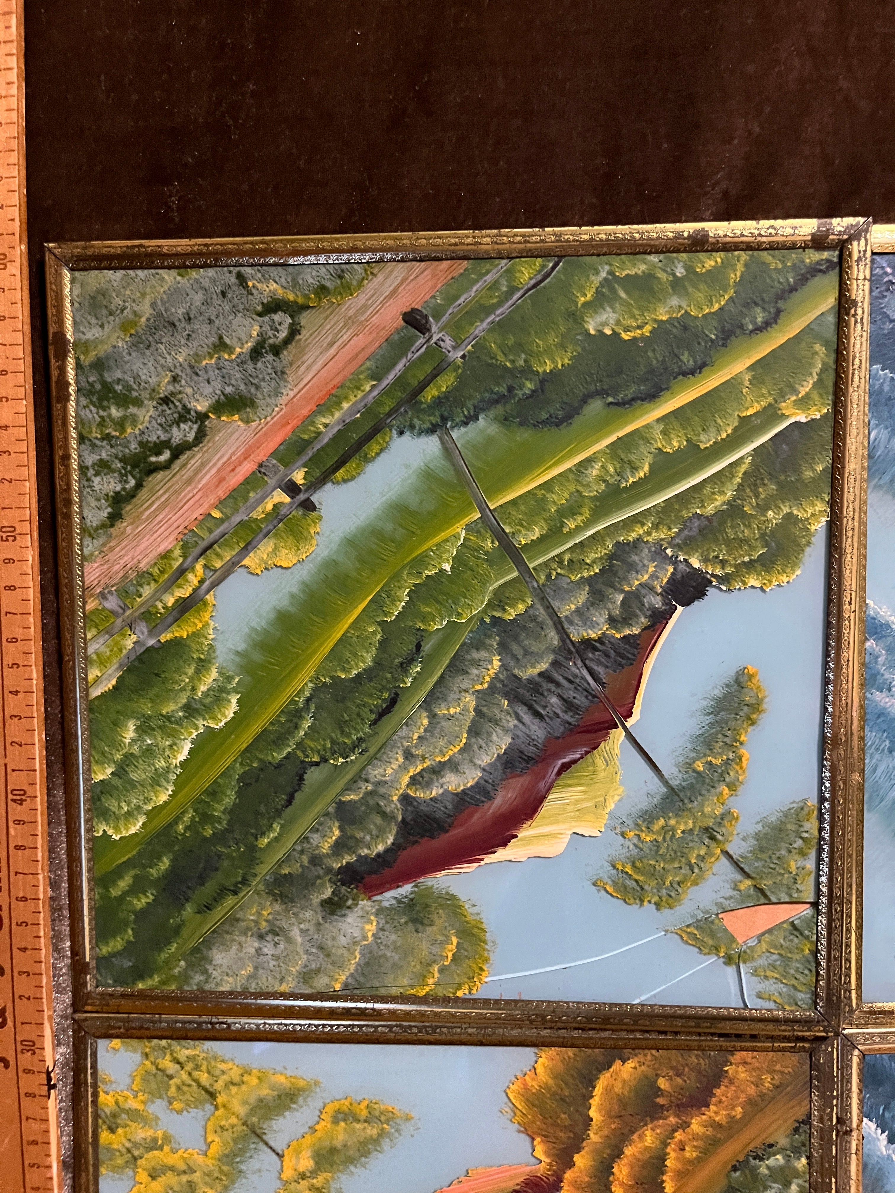 RARE Mid-Century Continuous LandscapeVintage Reverse Glass Painting Set pf