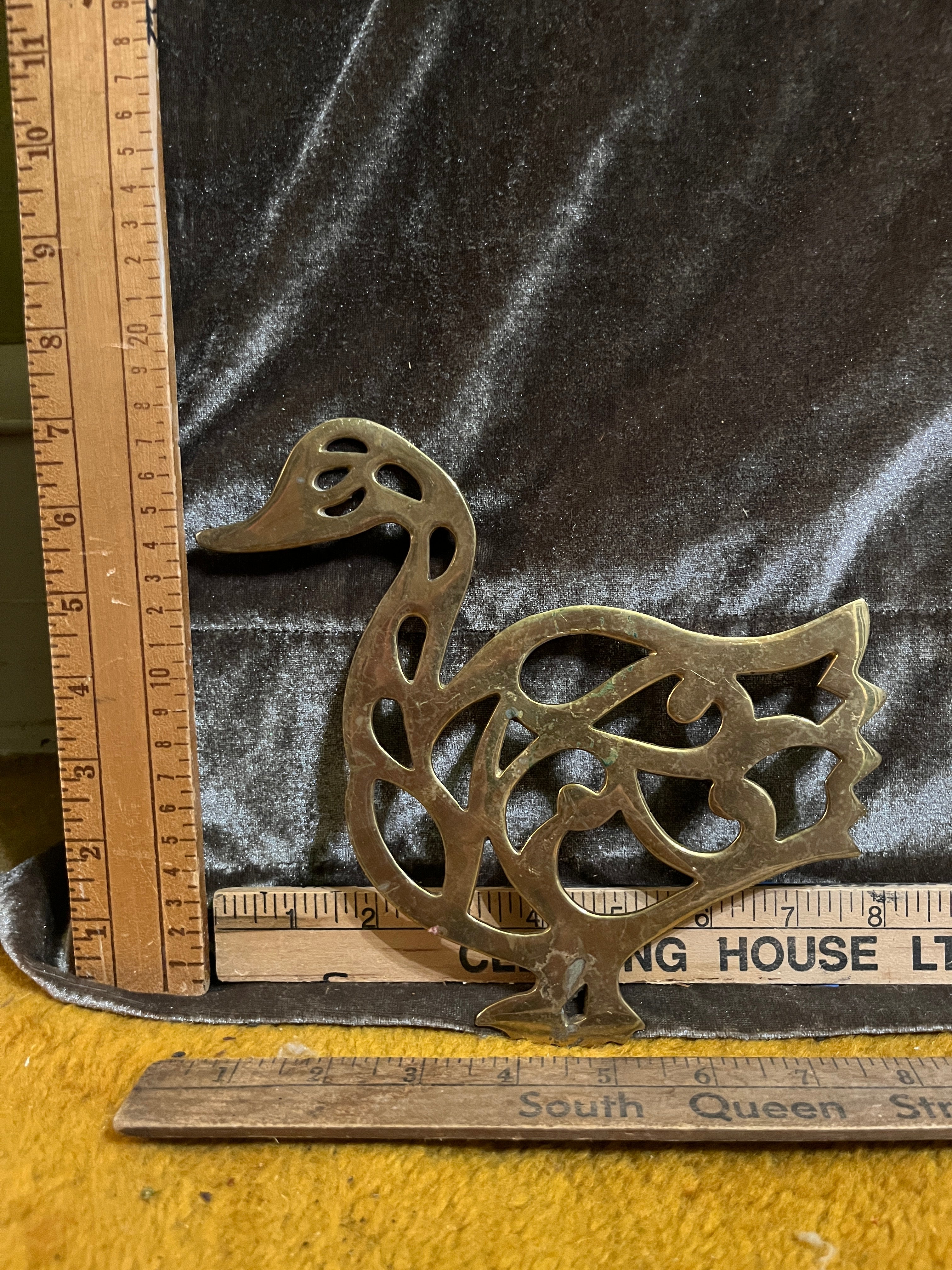 Vintage Solid Brass Duck Trivet - 7" x 8" Intricate Openwork Scroll Cutout Design pf