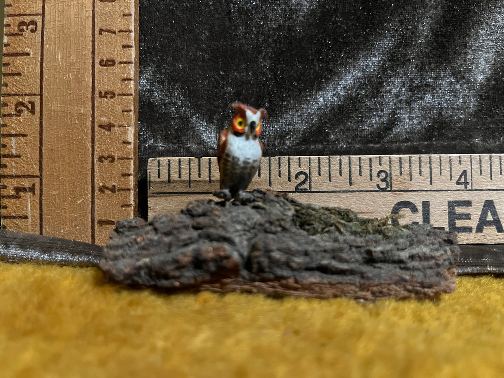 Vintage Miniature Hand-Painted Ceramic Owl on Natural Bark Base Figurine 2x3 inches pf