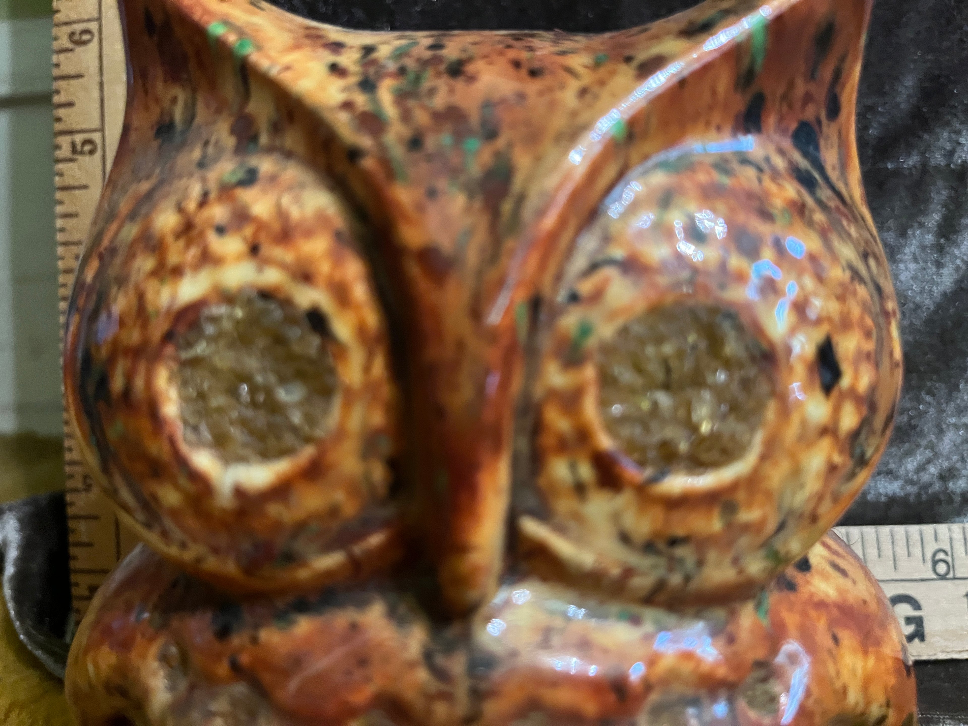 Vintage 1970s Ceramic Owl Incense Burner - Retro Drip Glaze & Crushed Glass Eyes (5"x4") pf
