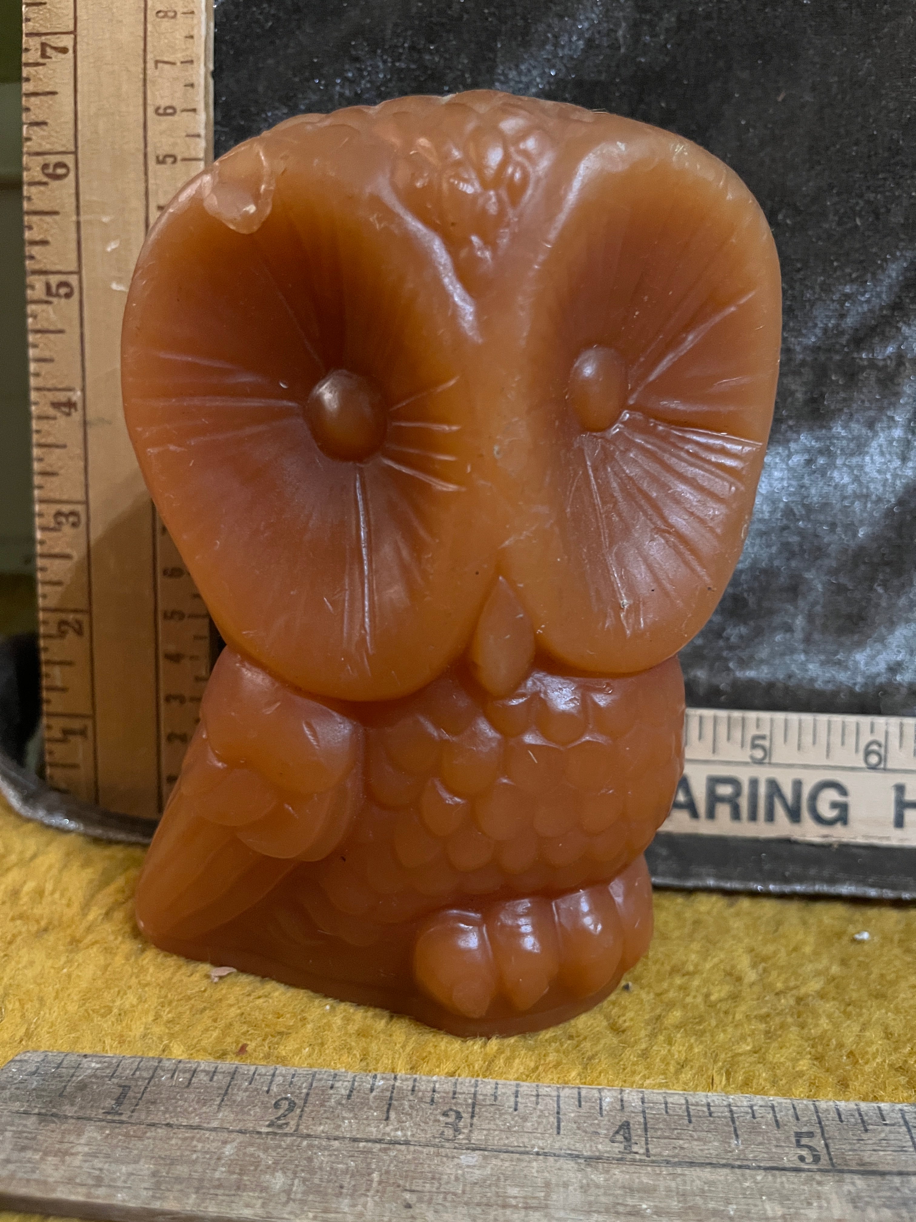 Vintage 1970s Molded Wax Owl Candle - Large 6"x4" Retro Mid Century Orange Figurine Unburned pf