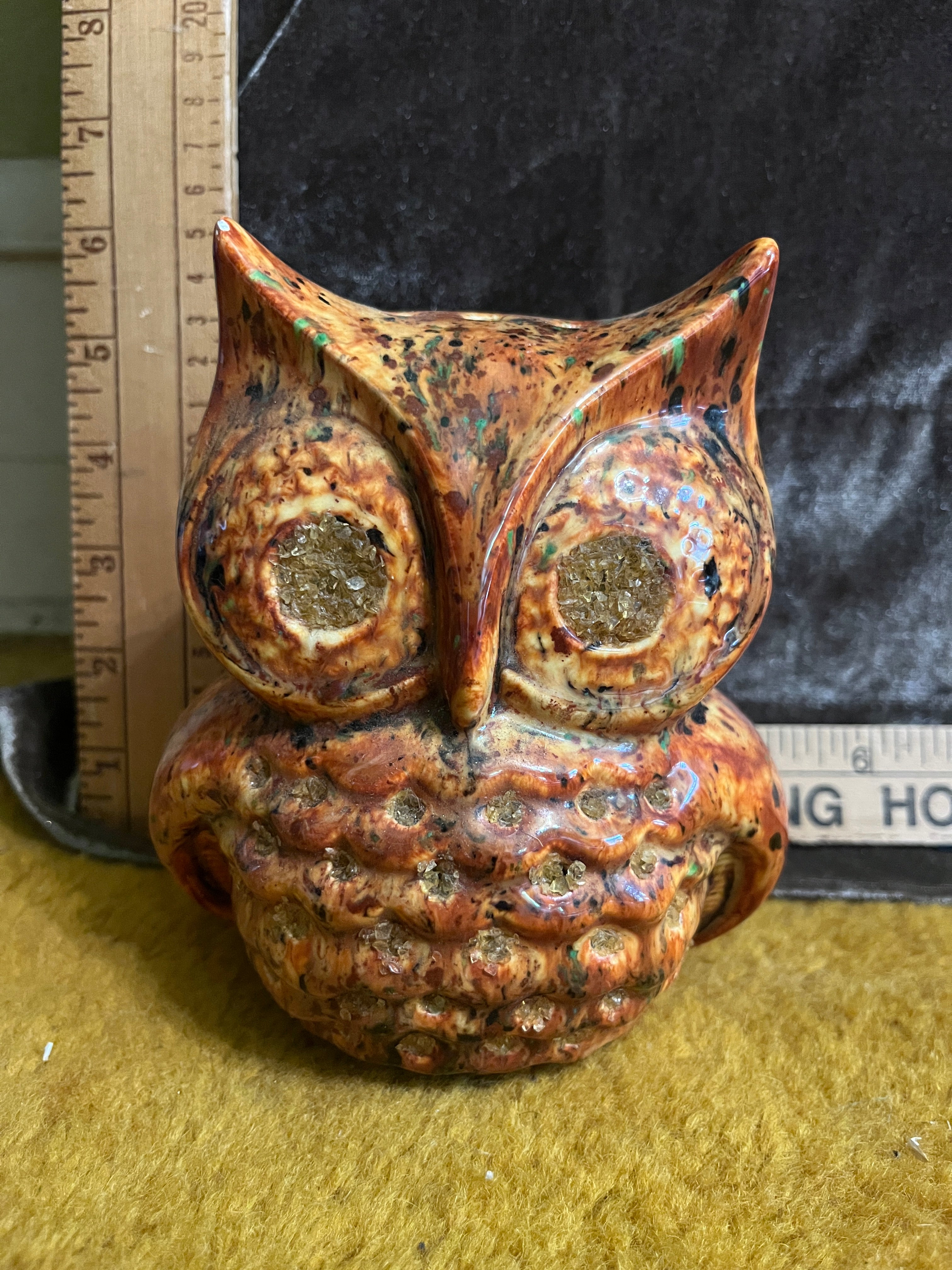 Vintage 1970s Ceramic Owl Incense Burner - Retro Drip Glaze & Crushed Glass Eyes (5"x4") pf