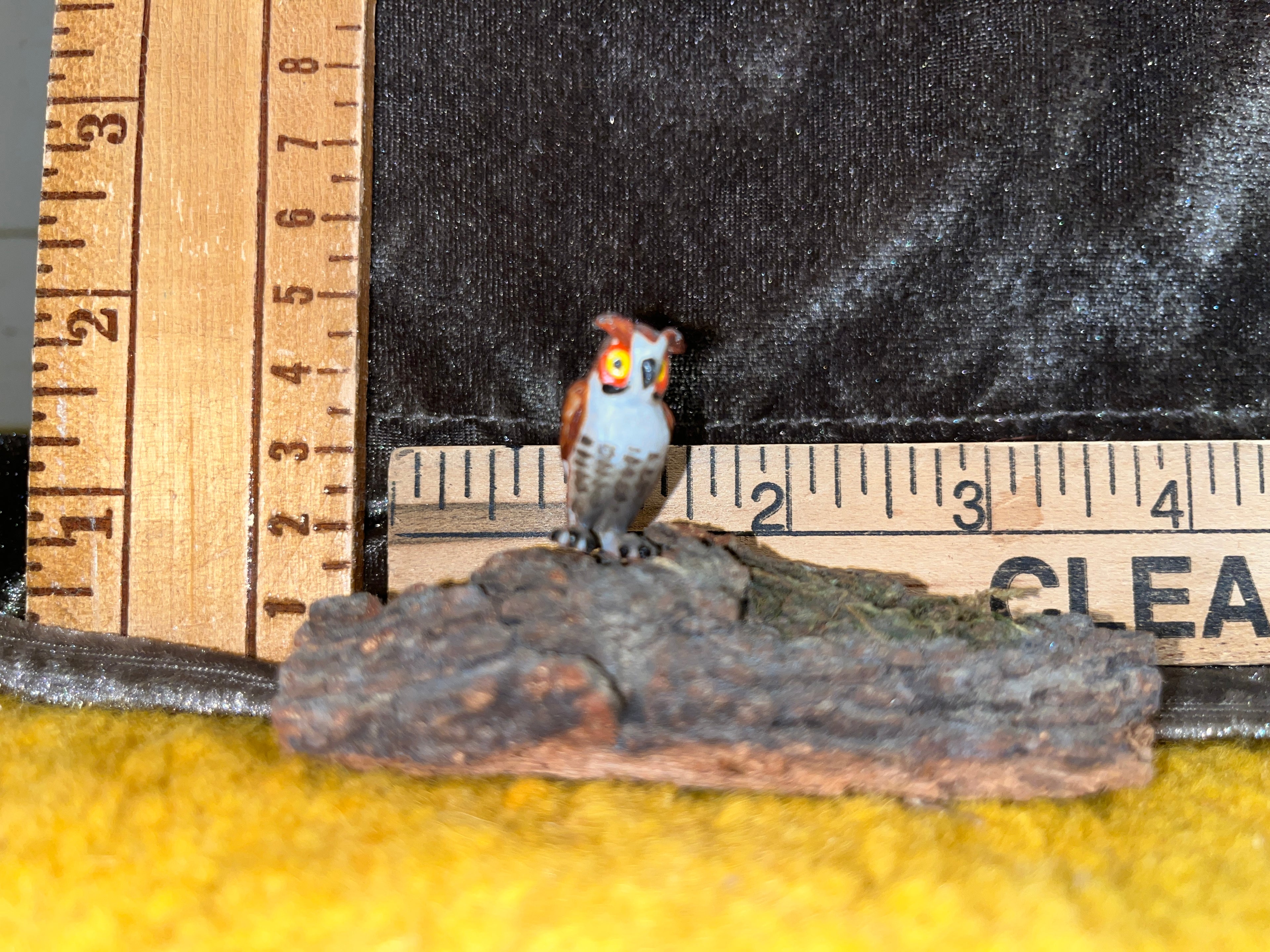 Vintage Miniature Hand-Painted Ceramic Owl on Natural Bark Base Figurine 2x3 inches pf