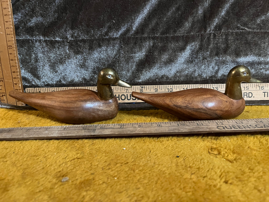 Vintage Mid-Century Style Wood & Solid Brass Duck Figurines - Pair, Made in India BR-15601. pf
