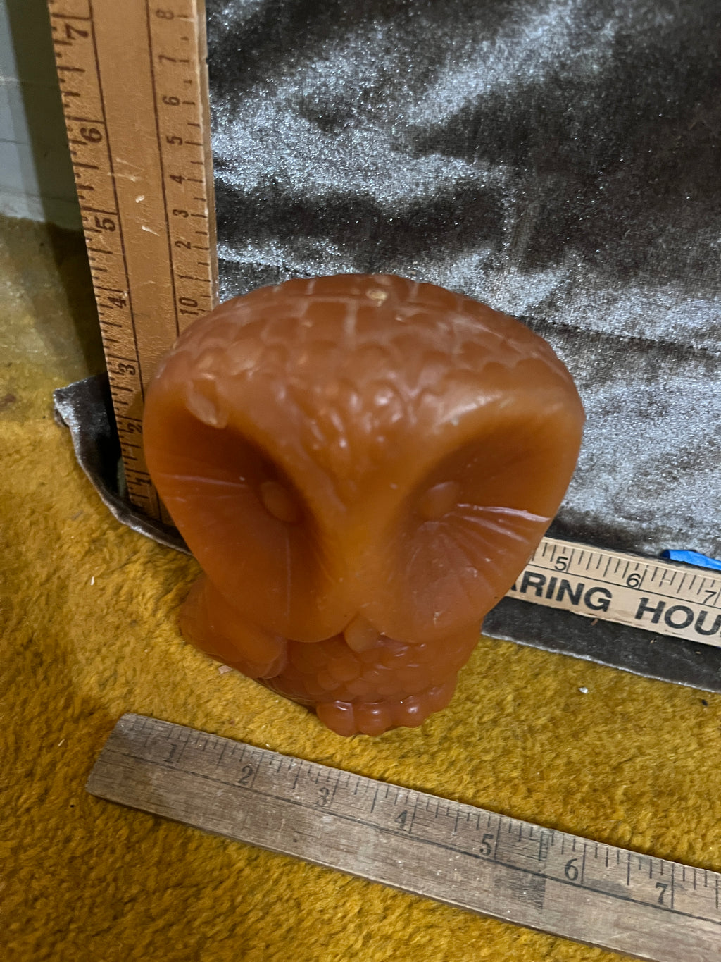 Vintage 1970s Molded Wax Owl Candle - Large 6"x4" Retro Mid Century Orange Figurine Unburned pf