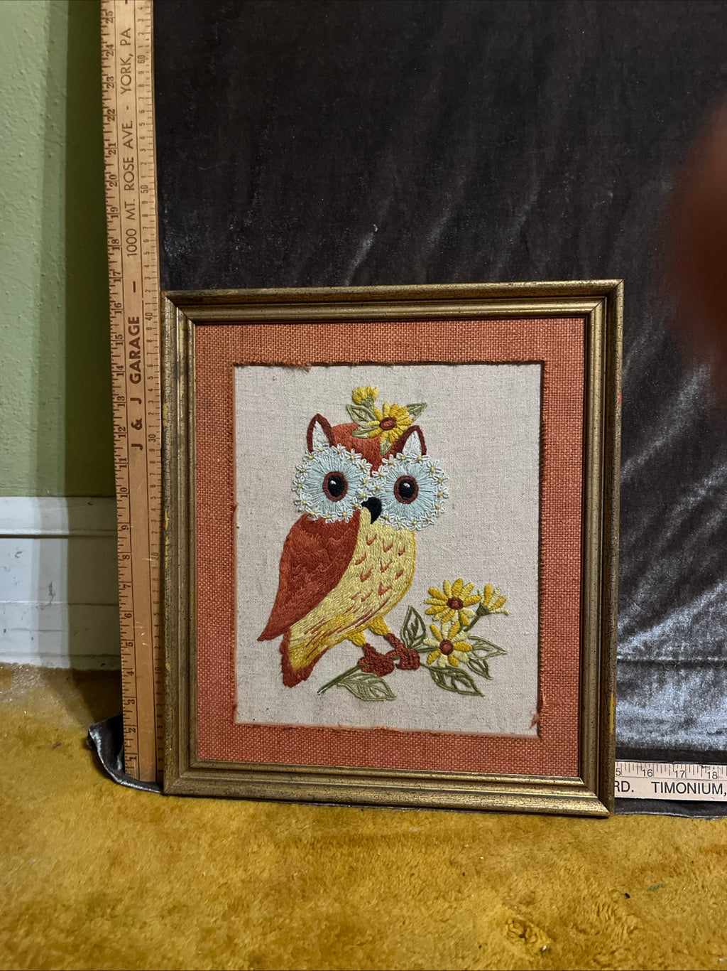 1970 Vintage Framed Owl Crewel Embroidery – Hand-Stitched Textile Art (Dated & Signed) pf