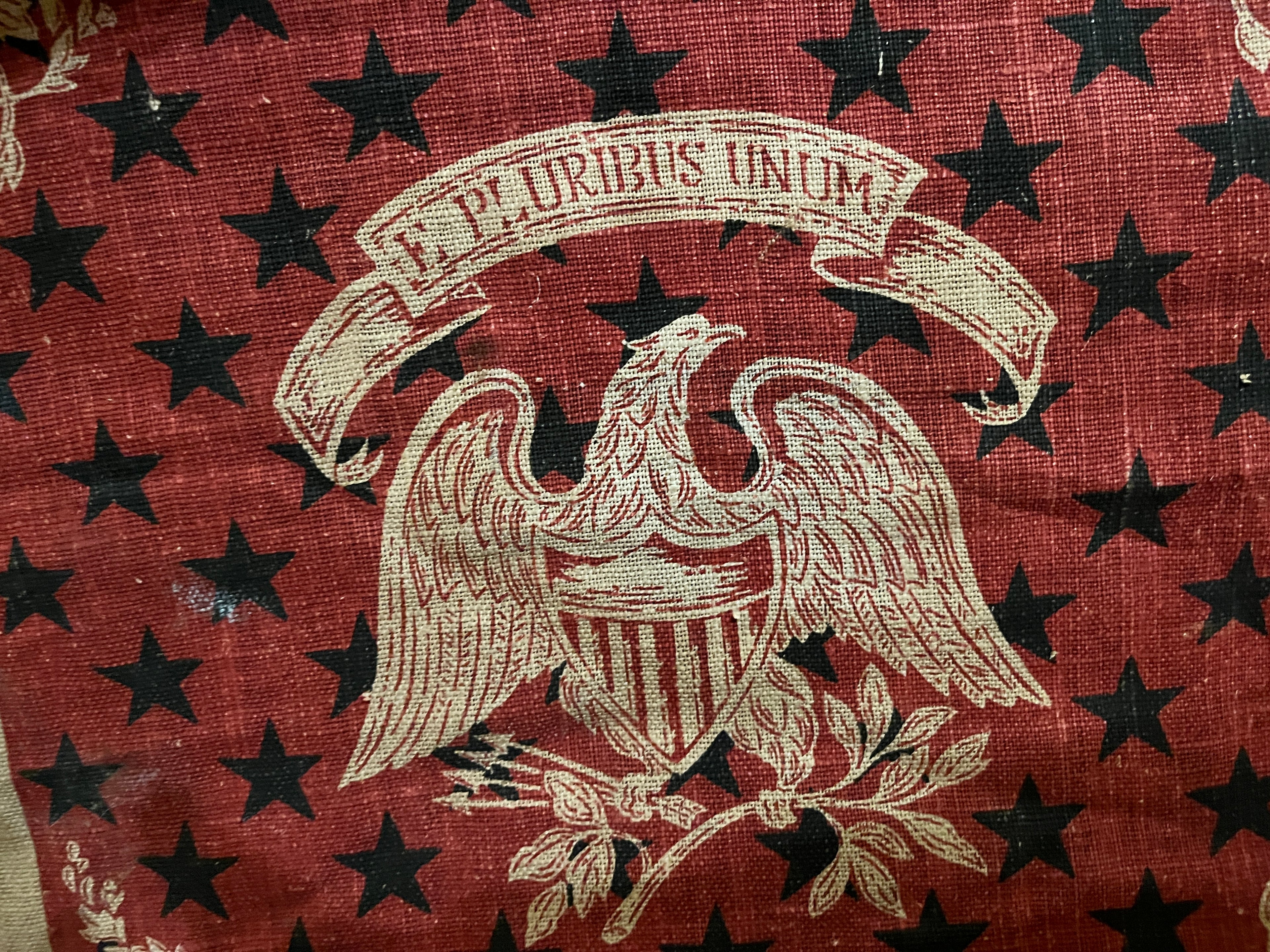 Vintage Mid Century Americana Wall Hanging Scroll Textile Art E Pluribus Unum 15x18 pf