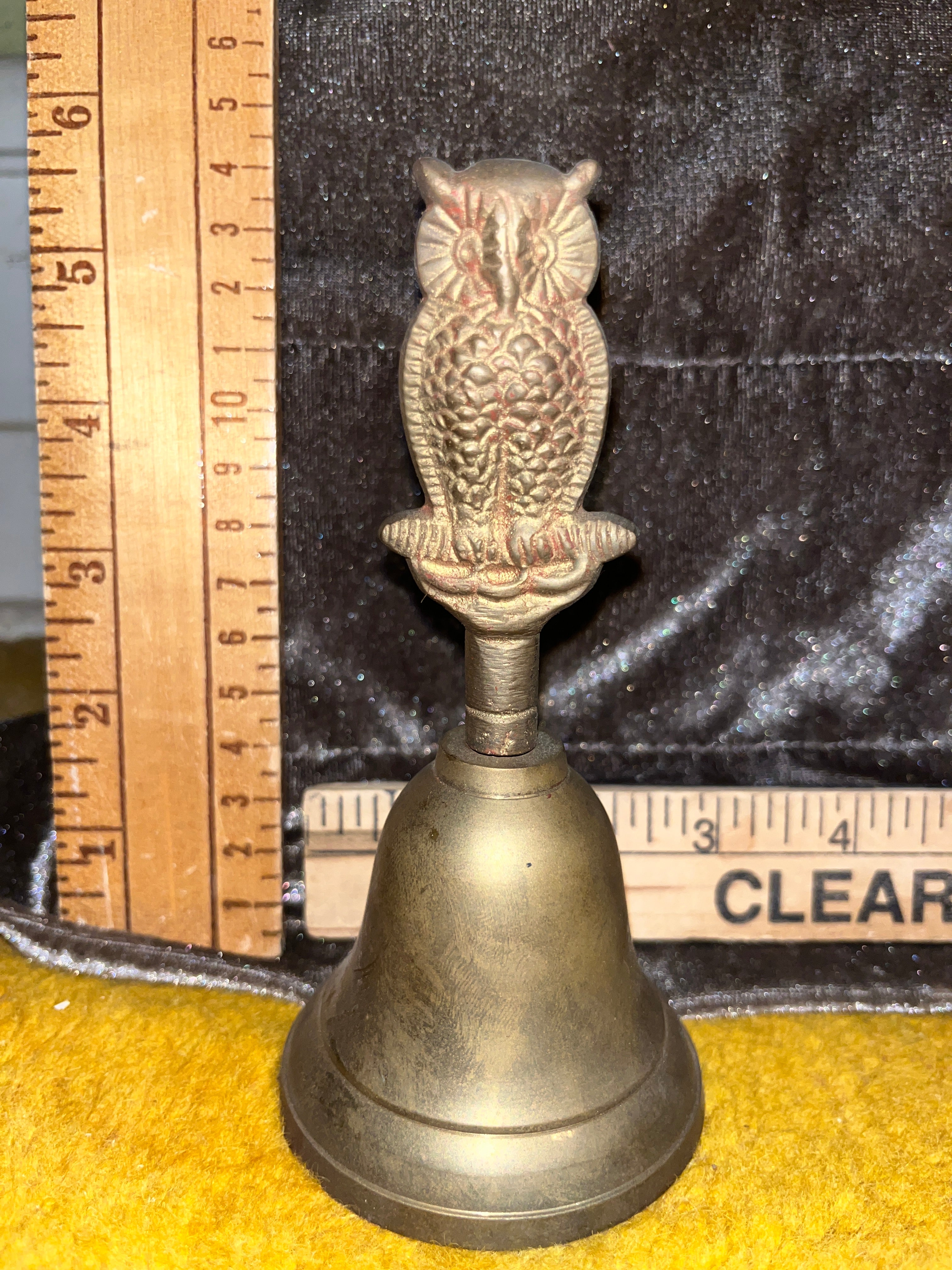 Vintage Solid Brass Owl Hand Bell – Made in India (C. 1960s) pf