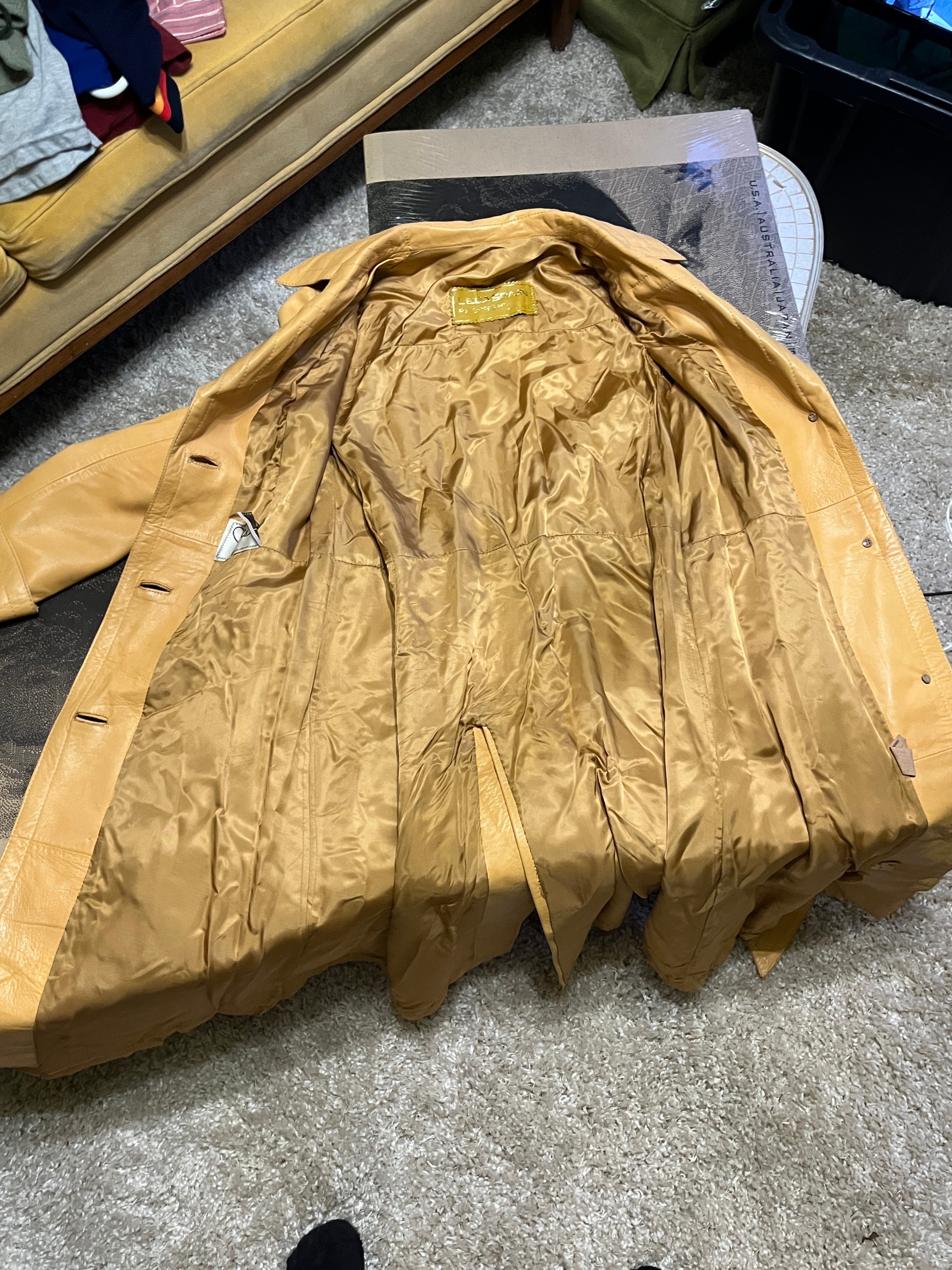 Vintage 70s Leda Spain by gropper yellow leather trench coat made in Spain custom  zz